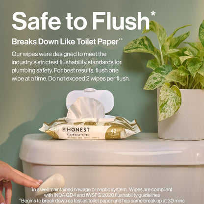 The Honest Company Flushable Wipes for Sensitive Skin | Fragrance Free, Hypoallergenic, 99% Water, Safe to Flush | pH Balanced Feminine Wipes | Gilded Wings, 126 Count