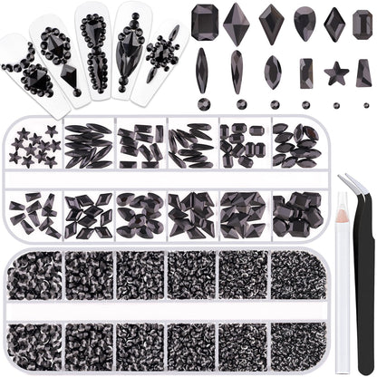 3220Pcs Black Glass Nail Rhinestones 120Pcs Multi Shapes Flatback Gems Crystal + 3100Pcs 1.5-4mm Round Beads, Manicure Diomand Jewelry Gemstones for Nail Design Makeup Acrylic Nails Decoration