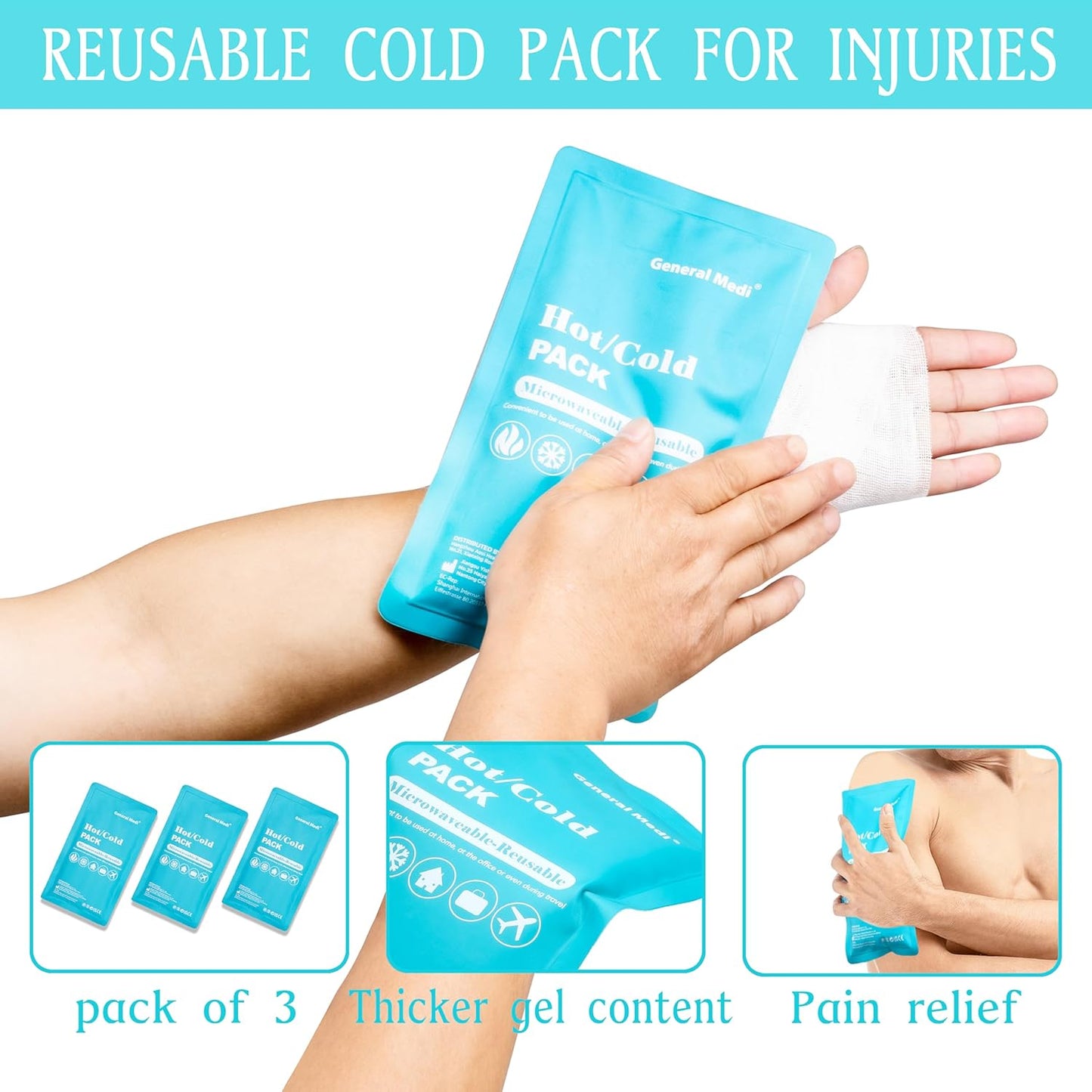 General Medi Hot & Cold Reusable Gel Pack Compress Wrap - Pack of 3 - Great for Migraine Relief, Sprains, Muscle Pain, Bruises, Injuries