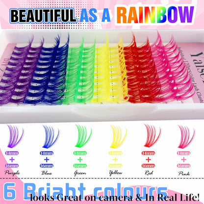 Eyelash Extension Kit Colored Lash Clusters Lash Extension Kit 6 Colors Rainbow Lash Clusters with Bond and Seal and Applicator Colorful Lash Extensions 14mm&16mm D Curl Lashes Cluster by Yaiseiko