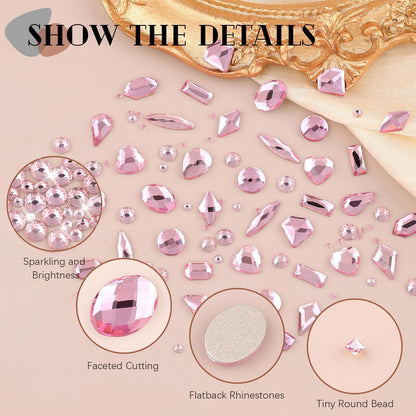 2060Pcs Pink Glass Nail Rhinestones 60Pcs Multi Shapes Flatback Nail Gems + 2000Pcs 1.5-4mm Round Crystal, Manicure Nail Charms Diamond Gemstones for Acrylic Nails Decoration