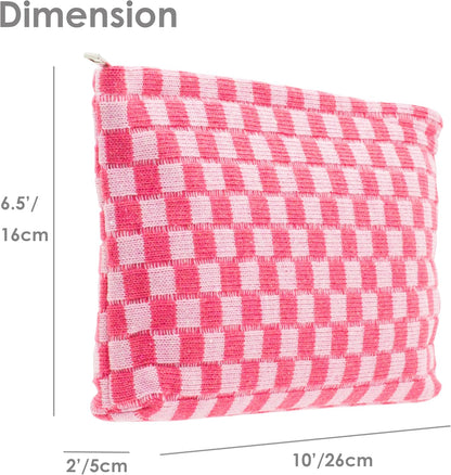 PAZIMIIK Knit Checkered Makeup Bag Large Zipper Make Up Accessory Pouch for Purse Cosmetic Brush Bag for Travel Essential,Hotpink
