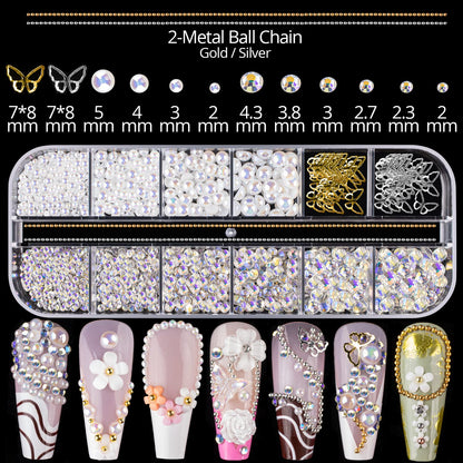 Mixed 3D Nail Art Gem Decoration Accessories Kit #9, Butterfly Starry AB Rhinestone Charm Jewelry for Deco, Pearl Flower Caviar Bead Stone Crystal with Pickup Pencil and Tweezer