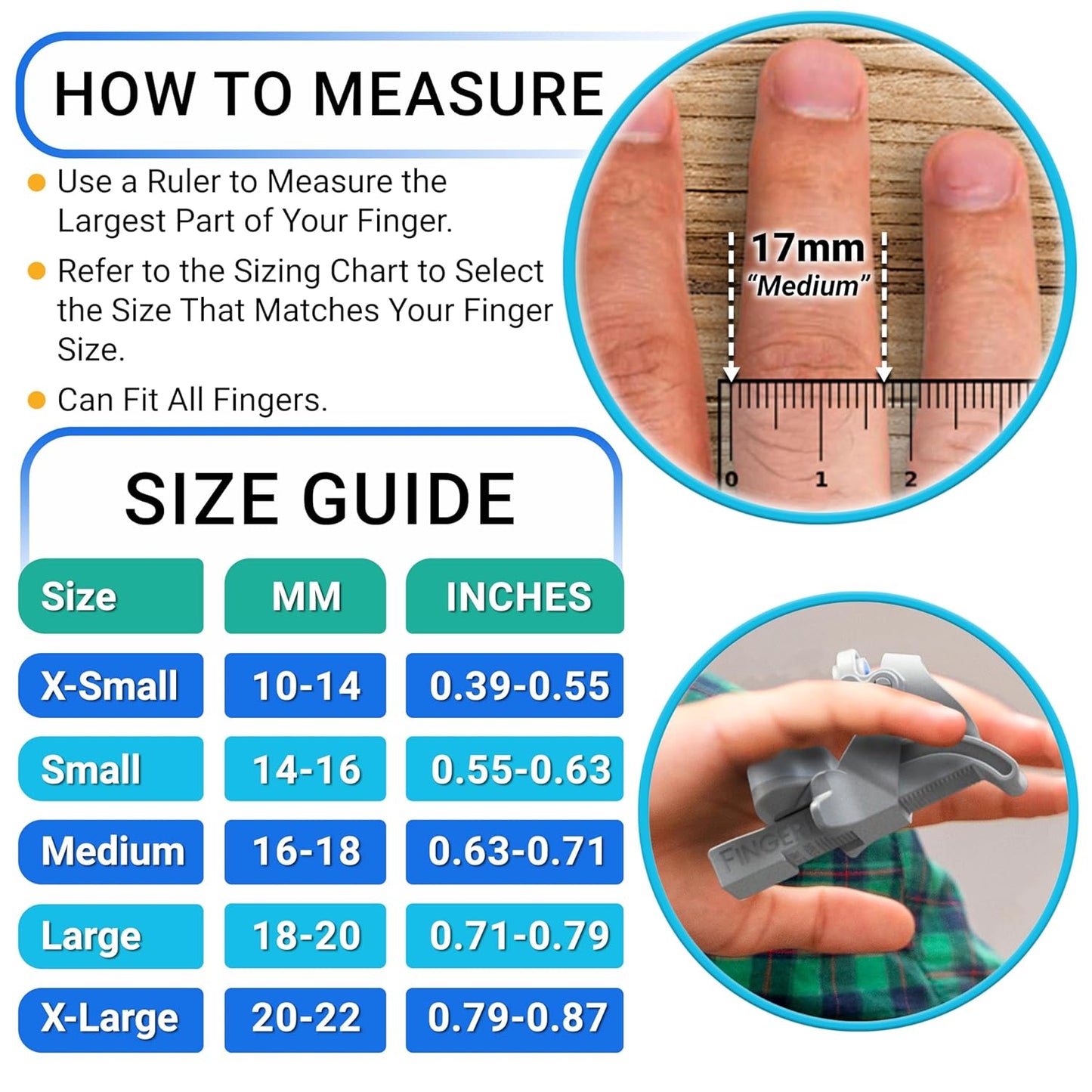 Finger Straightener | PIP Extension Orthosis/Splint For Bent Fingers, PIP Flexion Contractures | Adjustable Joint Stretcher Device | Made in USA | Blue/Large