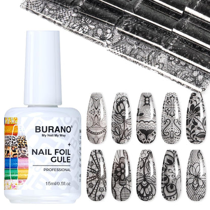 BURANO Nail Art Nail Foil Glue Gel, o.5 oz with 10PCS Foil Stickers Set Lace Nail Foil Glue for Nails Foil Transfer Gel, Nail Design Home DIY UV LED Lamp Required 28