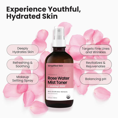 Rose Water Spray for Face with Matrixyl 3000 - Organic Rosewater Face Mist with Aloe Vera & Hyaluronic Acid - Hydrating, Reduces Fine Lines, Boosts Collagen Production, & Soothes Skin - 4 Fl Oz