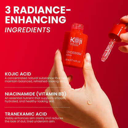 Koji White Underarm Serum for Armpit, Elbows, Knees, Private Areas - Hydrating with Kojic Acid, Niacinamide, Tranexamic Acid, Paraben-Free, Vegan, 1 Fl Oz