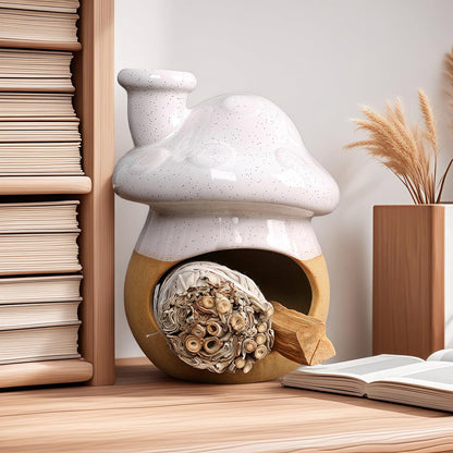 Mushroom Incense Holder, Ceramic Palo Santo Holder Burner & Sage Holder - Mini Tabletop Chiminea Burner Tray with Ash Catcher, Cute Mushroom Decorations for Spiritual Meditation & Yoga