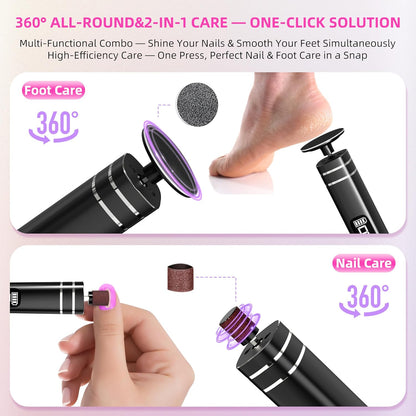 2 in 1 Electric Foot Callus Remover,9 Adjustable Speeds Rechargeable Electric Dead Skin Sander Pedicure Tools with Sandpaper Disk and Nail Drill Bits,Grinding Heads for Women&Men