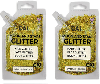 Face, Body & Hair Glitter Gel – Halloween Glitter for Kids and Women – 3 Oz Cosmetic-Grade Gel w/Moon & Stars for Festivals & Halloween Party, Easy Apply & Wash Off - Gold 2Pack
