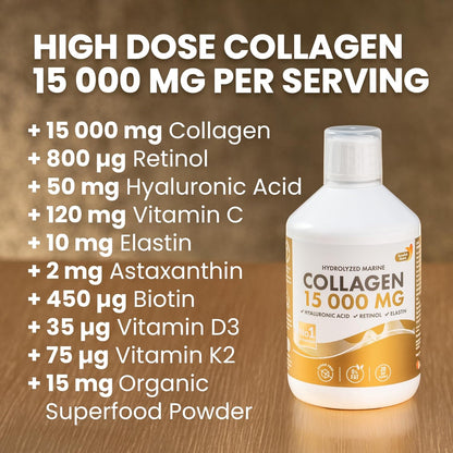 Swedish Nutra - Liquid Marine Collagen 15,000mg - 3 Packs of 500ml I Hydrolyzed Collagen Peptides (Type I & III) I Hyaluronic Acid, Biotin, Vitamin C I Sugar Free- 60 Day Supply