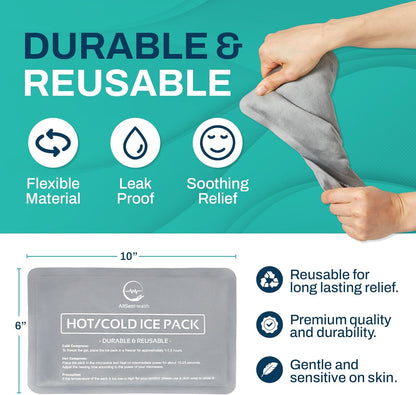 Reusable Ice Packs for Injuries - (10" x 6") Soft Ice Pack with 1 Sided Velvet Soft Fleece Fabric, Flexible Hot and Cold Gel Ice Pack Set, Grey, Pack of 4