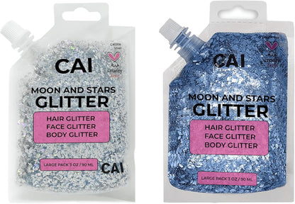 Face, Body & Hair Glitter Gel – Halloween Glitter for Kids and Women – 3 Oz Cosmetic-Grade Gel w/Moon & Stars for Festivals & Halloween Party, Easy Apply & Wash Off - Blue/Silver 2Pack