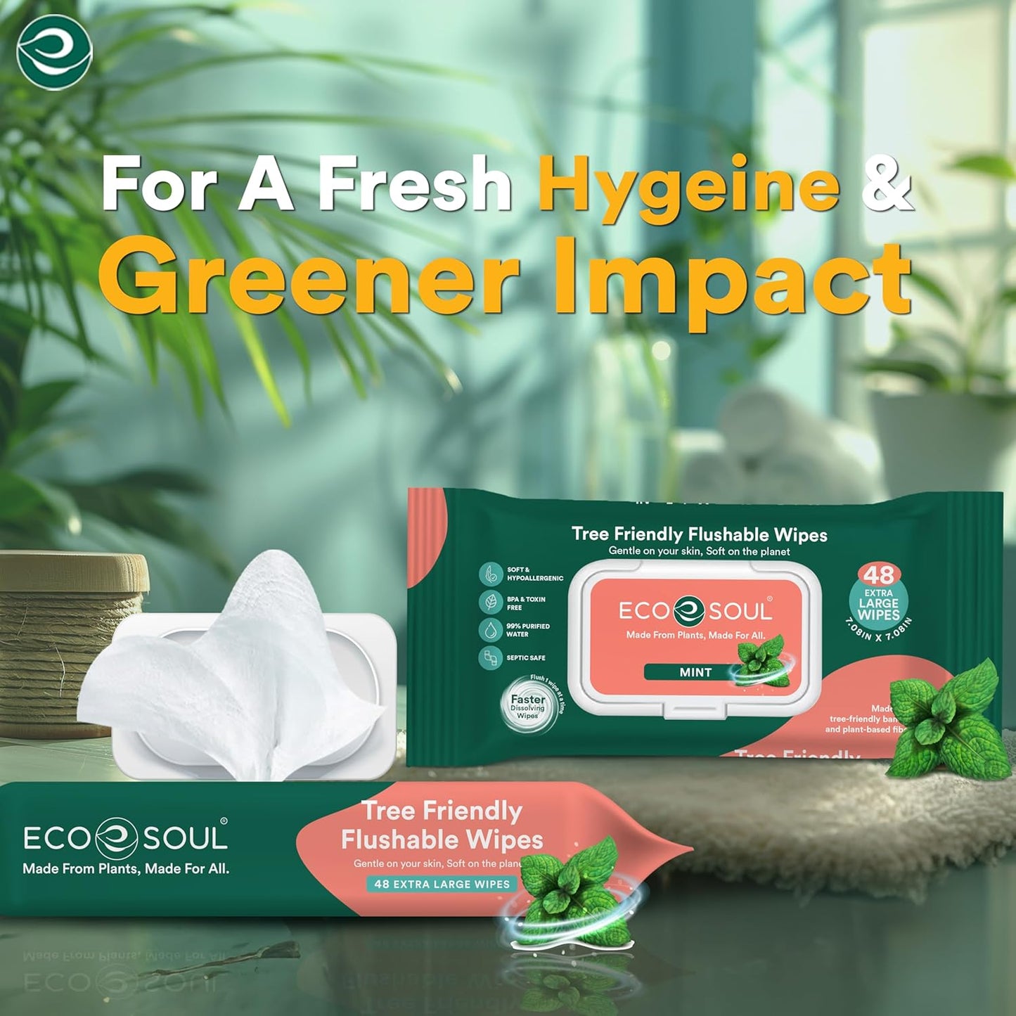 ECO SOUL Bamboo Flushable Wipes For Adult- Mint 192 Wipes |4 Pack of 48| Eco-Friendly Wipes| 99% Purified Water, Hypoallergenic, Soft Wipes, BPA & Paraben free