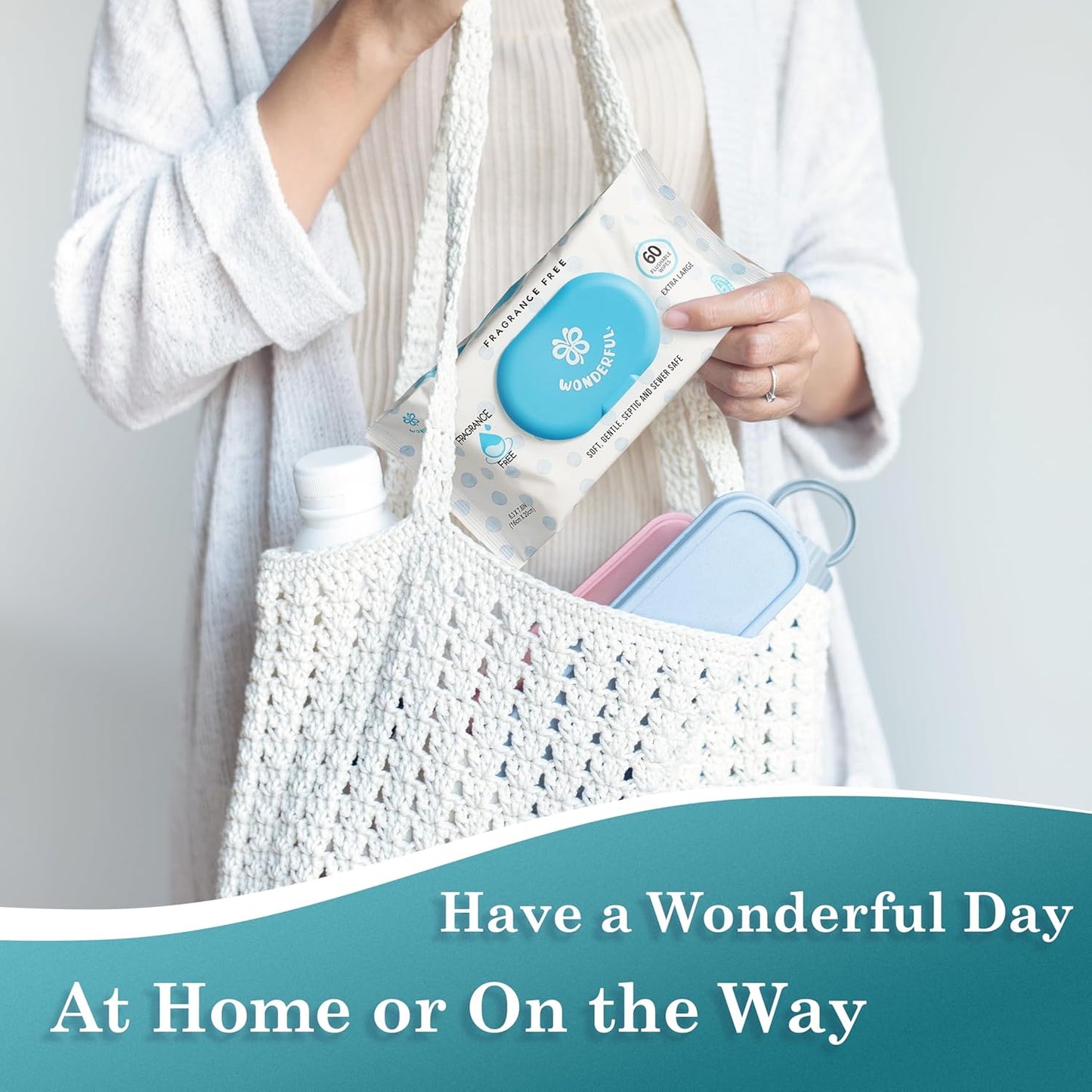 WONDERFUL Flushable Wipes, Unscented 100% Plant-Based Wet Butt Wipe for Adults & Kids, Sewer Septic Safe, Gentle for Sensitive Skin, Wipes Flushable Pack for Bathroom & Travel, 6-Pack (360 Counts)