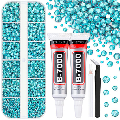 6100Pcs Resin Rhinestones for Crafting with 2Pcs 10ml B7000 Jewelry Glue, 1 Box Flatback Crystals Diamond (Teal Blue) for Bedazzling Crafts DIY Nail Art，Non Hotfix Gems for Clothing Shoes Tumblers