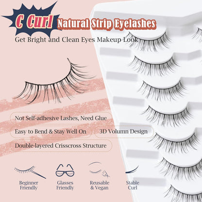 Lashes Short Eyelashes 10MM Natural Lashes Wispy Thin Band Strip Lashes Short Eyelashes Natural Look 3D Volume Lashes 7 Pair Fake Lashes Siligli
