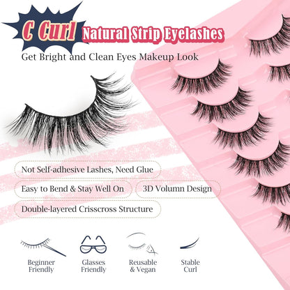 False Lashes Wispy Eyelashes Natural Look 15MM Fake Eyelash with 0.1MM Thin Band Lightweight 3D Volume Fluffy Eye Lashes C Curl Soft Lash Pack Siligli 7 Pair