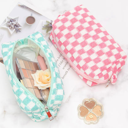 PAZIMIIK Checkered Makeup Bag for Purse Portable Zipper Make Up Pouch Small Cosmetic Case for Travel Accessories Arctic Blue