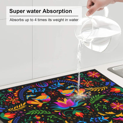 Mexican Dish Drying Mat for Kitchen Counter Mexican Flower Decorative Dish Drainer Rack Mats 16x18 Inch Absorbent Reversible Drying Pad Black