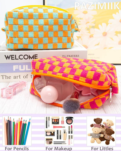 PAZIMIIK Checkered Makeup Bag for Purse Portable Zipper Make Up Pouch Small Cosmetic Case for Travel Red Orange