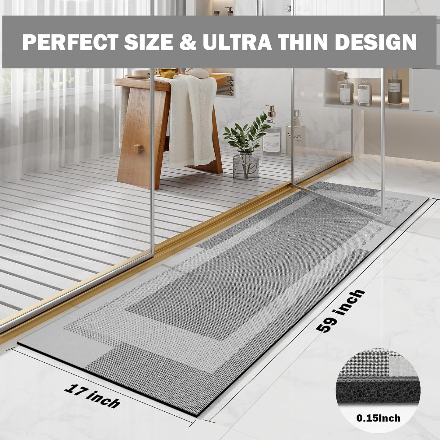 Non Slip Long Bathroom Runner Rug Bath Mat, Rubber Backing Ultra Thin Bathroom Rugs Fit Under Door Quick Dry Super Absorbent Washable Shower Mat for Bathtub Sink Floor, Grey 17"x59"