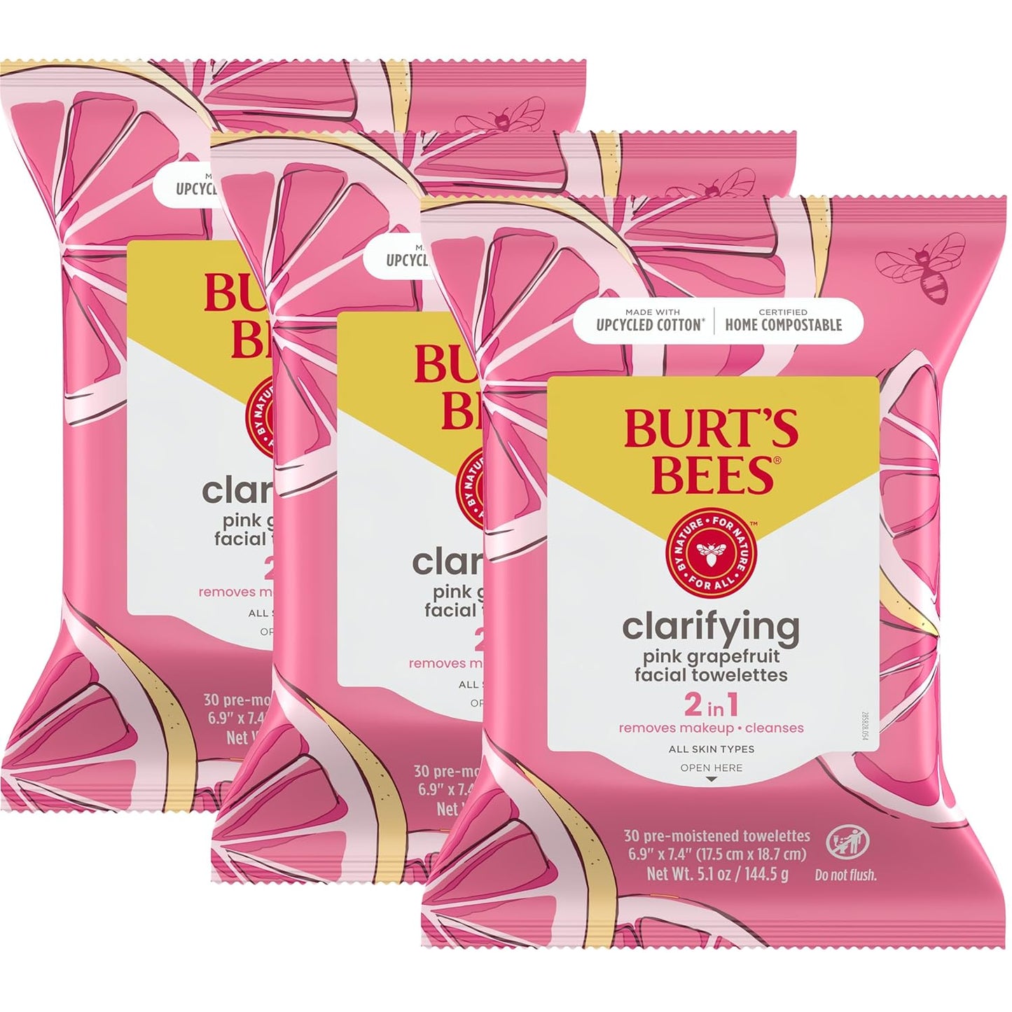 Burt's Bees Pink Grapefruit Face Wipes, for All Skin Types, Hydrating Makeup Remover & Facial Cleansing Towelettes, 30 Ct. (3-Pack)