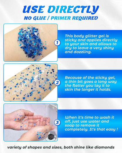 6PCS Blue Face Body Glitter Gel，Holographic Chunky Sequins Body Glitter Paint for Party Singer Concerts Music Festival Rave Accessories for Girls Women Face Body DIY Sparkling Makeup