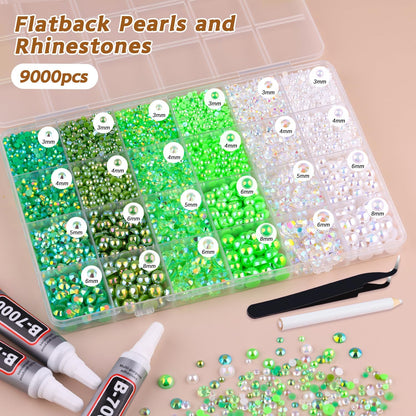 9000PCS Flatback Pearls and Rhinestones for Crafting, Green 3-10mm Resin Rhinestones and Half Pearls for Bedazzling, Nail Art and Dec with 3pcs B7000 Jewelry Glue, Tweezer and Pickup Pencil
