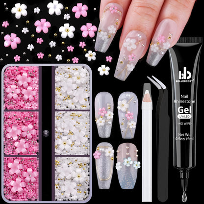 3D Flowers, Manicure Kit with Gel Glue, White Pink Acrylic Flower Nail Charms with Caviar Beads, Rhinestones + Gem Glue for Nails (UV/LED Needed) with Dotting & Pickup Tools