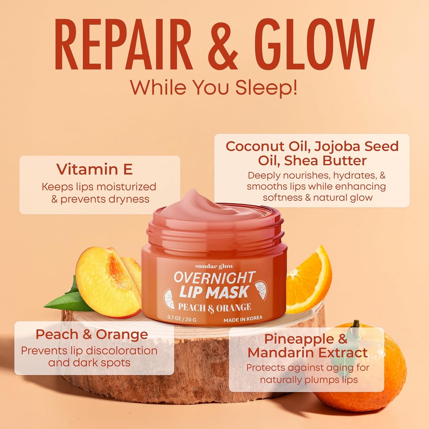 Lip Mask with Peach & Orange – Hydration, Lip Repair for Dry Cracked Lips & Smoothing – Dermatologist Tested, Korean Lip Care – 95% Natural, Clean Beauty, Cruelty-Free – 1 Pack