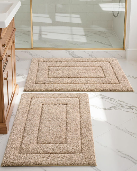 DEXI Bathroom Rug Set 2 Piece 32x20, Non Slip Washable Bath Mat for Shower Floor, Absorbent Soft Bathmat with Rubber Backing, Quick Dry Microfiber Carpet, Beige