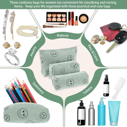 3 Pcs Makeup Bag Set for Women Corduroy Cosmetic Pouch Aesthetic Smile Travel Toiletry Bag Cute Purse Pouch Pencil Case Makeup Brushes Storage Organizer for Christmas(Green,Smile Face)