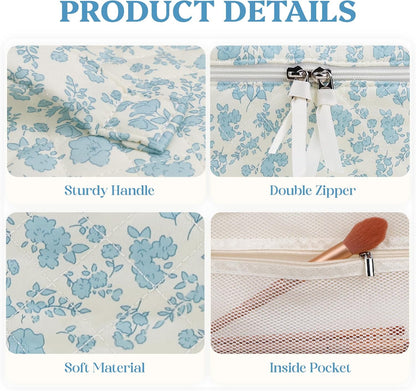 Prite Large Makeup Bag Cute Cosmetic Bag for Women Floral Coquette Aesthetic Toiletry Bag Travel Make Up Organizer Bag(Blue Flower)