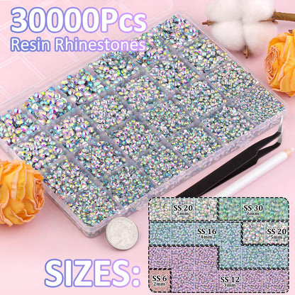 30000Pcs AB Rhinestones for Bedazzling with B7000 Jewelry Glue, Bedazzler Kit Flatback Gems, Resin Rhinestones for Crafting Crafts Clothing Shoes Fabric Nail Art Assorted Size 2/3/4/5/6mm