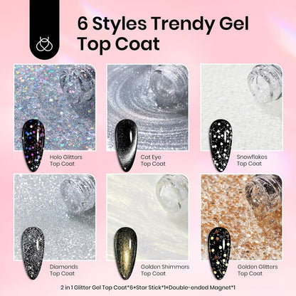 Beetles Glitter Gel Top Coat 8Pcs Holographic Glitter Gel Nail Polish Top Coat Cat Eye No Wipe Glossy Sparkly Finish Long Lasting Soak Off U V LED Salon DIY Gift for Women Girls