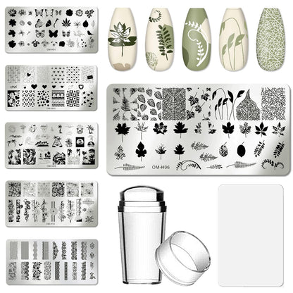 AddFavor Nail Art Stamper Kit 6pcs Flower Heart Leaf Lace Butterfly Stamping Plate Template with Silicone Nail Stamper and Scraper for Women Girls DIY Fingernail Manicure Stencils Tools