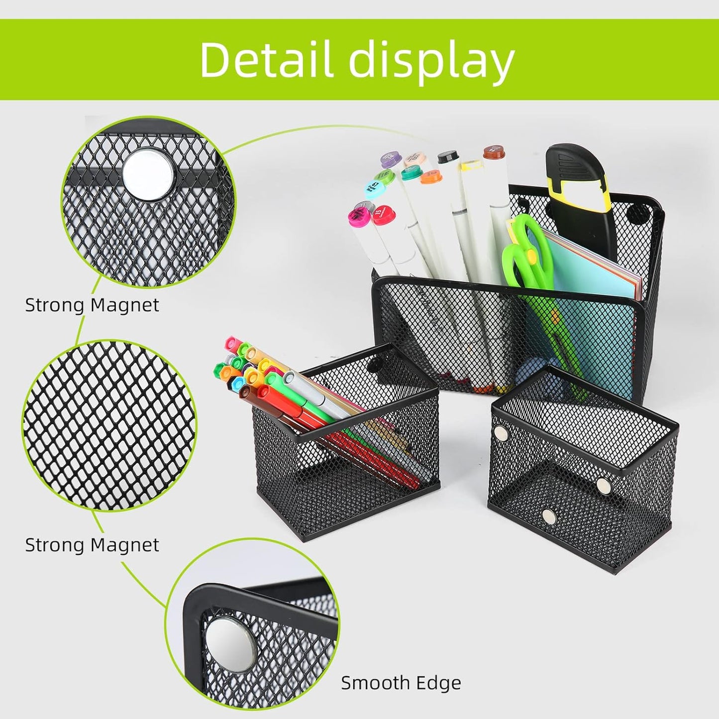 Neudeco Locker Shelf Organizer, Magnetic Pencil Holder, Metal Storage Basket for Whiteboard, Refrigerator, Ideal Cabinet for School, Black (Pack 3L)