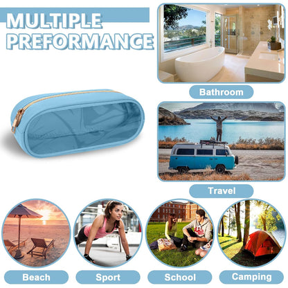 Clear Small Pencil Pouch Makeup Bag for Purse,Nylon&PVC Pencil Case Waterproof Makeup Brush Holder with Zipper,Preppy Transparent Pen Bag Travel Cosmetic Bag for Women Office(Slim-Blue)