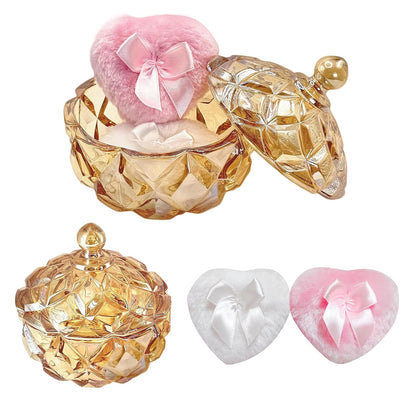 Body Powder Puff and Container - Glass Dusting Powder Container with 2 Soft Puffs Vintage Powder Puff Case for Women & Girls (3.94x3.94x4.53 H in) - GRB012-Amber