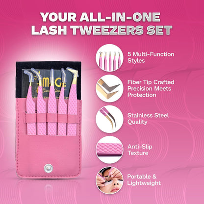 5 Pcs Fiber-Tip Japanese Steel Lash Tweezer Set with Leather Case, Professional Eyelash Tweezers for Lash Extensions – Titanium Coated, 90 & 45 Angled, Precision Pointed Tweezers (PINK)