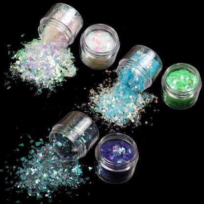 Allstarry 12 Colors Mermaid Nail Chunky Glitter Ultra-Thin Fluorescent Glass Paper Irregular Iridescent Sequin Flakes Glitters Sticker for Nails Art Decoration Hair Eyes Face Body DIY Craft