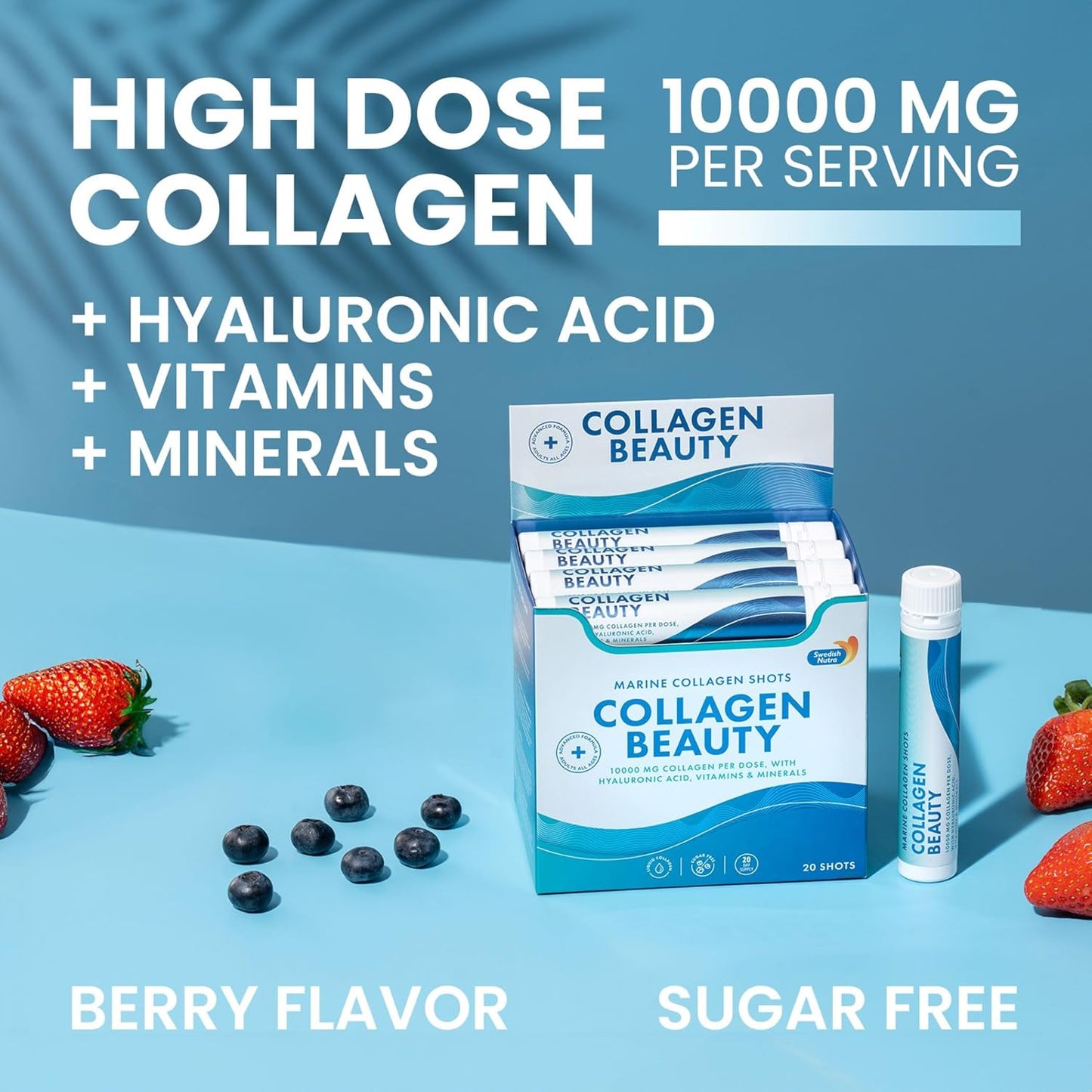 Swedish Nutra - Collagen Beauty | 10,000 mg Hydrolyzed Marine Collagen Liquid Supplement - 20 x 25 ml Daily Shots | Hyaluronic Acid and Vitamin C to Support Healthy Hair, Skin, Nails | Sugar-Free