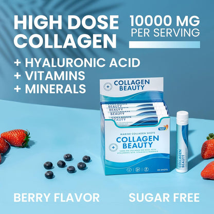 Swedish Nutra - Collagen Beauty | 10,000 mg Hydrolyzed Marine Collagen Liquid Supplement - 20 x 25 ml Daily Shots | Hyaluronic Acid and Vitamin C to Support Healthy Hair, Skin, Nails | Sugar-Free