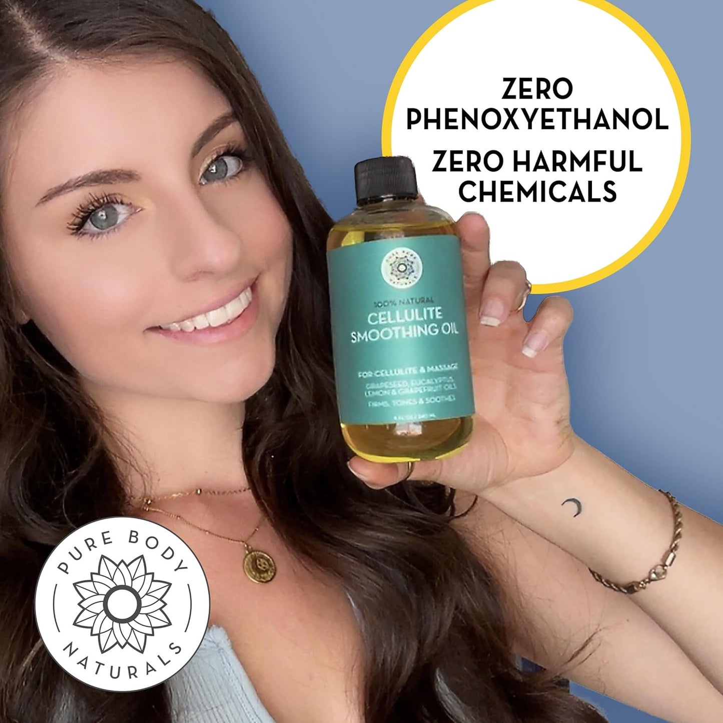 Pure Body Naturals Anti Cellulite Massage Oil, 8 fl oz | 100% Natural Cellulite Remover for Legs and Thighs | Chemical Free Firming Body Massage Oil for Women, Tightens Skin and Reduces Stretch Marks