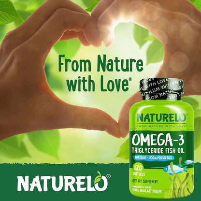 NATURELO Burpless Omega 3 Fish Oil Supplement - 1100mg Triglyceride Omega-3, EPA + DHA, Liquid Fish Oil for Heart, Eye, Brain, Joint Health - 120 Softgels, 4 Months Supply