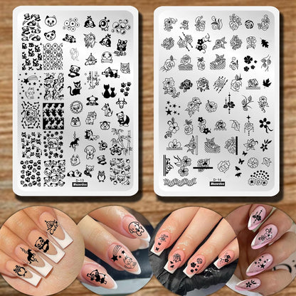 2pcs Floral Animal Series Nail Stamping Plates Template Plants Unicorn Nail Stamp Plates Cute Cat Panda Fox Manicure Image Stamper Plate Flowers Stainless Steel Nail Art Stencil