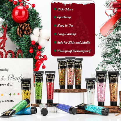 14 Colors Body Glitter,Face Glitter Makeup for Kids Women,Sparkly Chunky Hair Glitter for Eye Lip Nails,Mardi Gras Glitter Makeup Face Paint,Singer Concerts Disco Rave Festival Accessories-Christmas