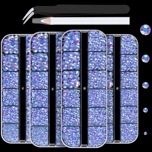 7000PCS Resin Rhinestones with Tweezers for Crafting, 2/3/4/5/6mm Flatback Jelly Rhinestones, 4 Box Sky Blue AB Non Hotfix Crystal Gems for DIY Crafts Mugs Tumblers Clothes Makeup Nail