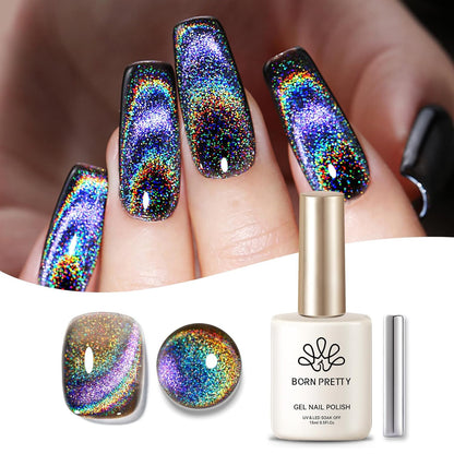 Born Pretty Cat Magnetic Eye Gel Nail Polish Holographic Rainbow Cat Magnetic Gel, Black Glitter Magnetic Soak Off U v Nail Gel Diy Art for Girls Women 15ML
